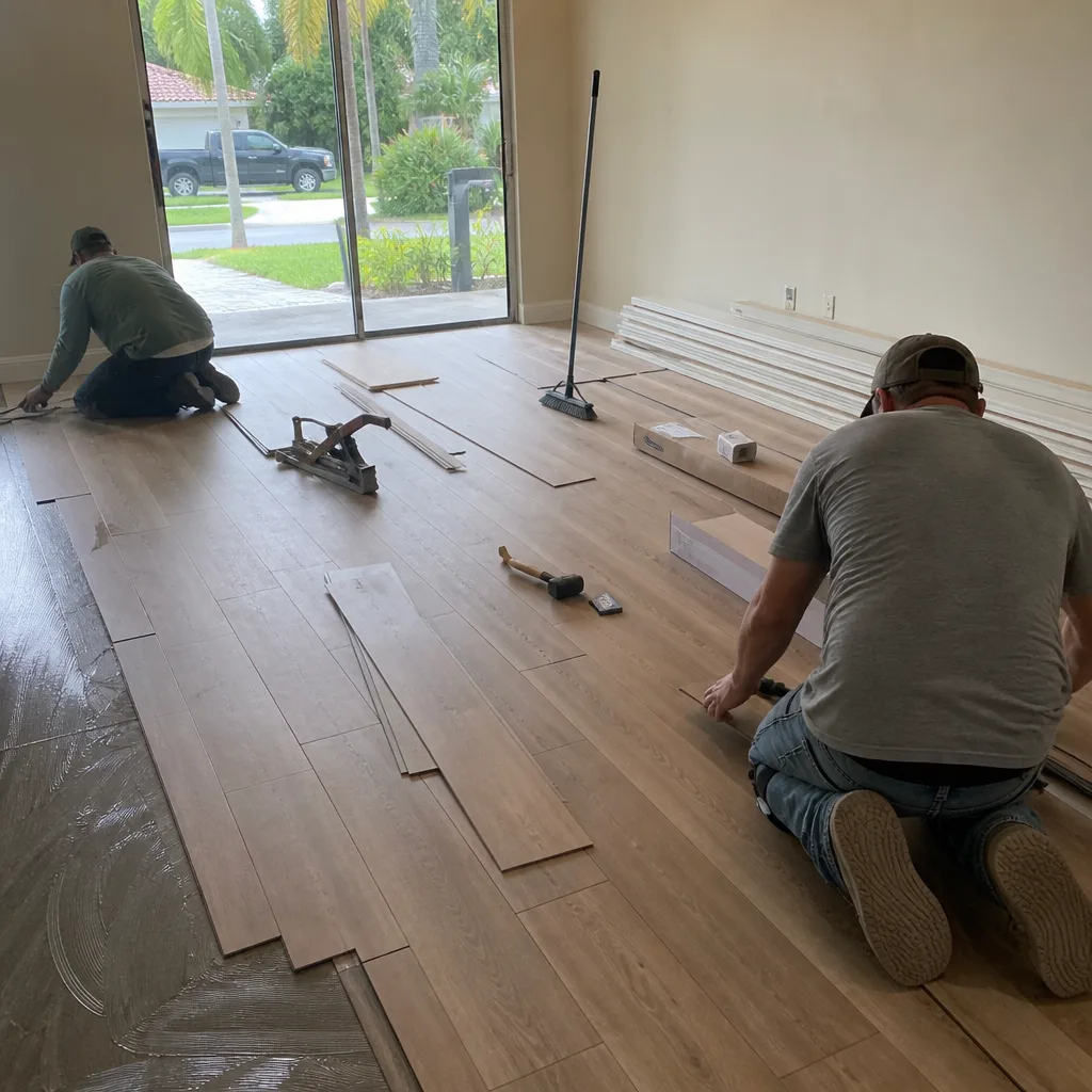 Two professional contractors installing wood plank flooring during home remodeling