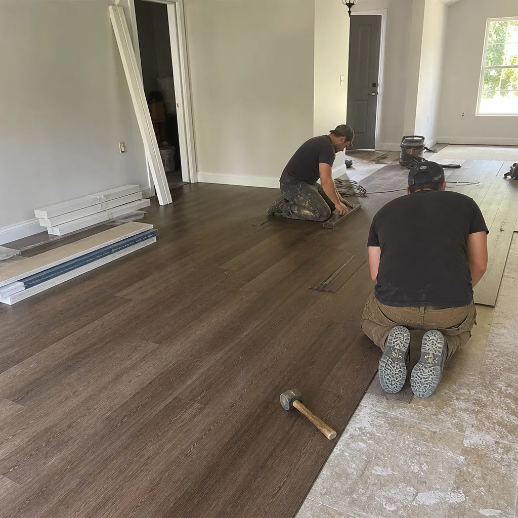 Two construction workers installing laminate wood flooring in a home remodeling project