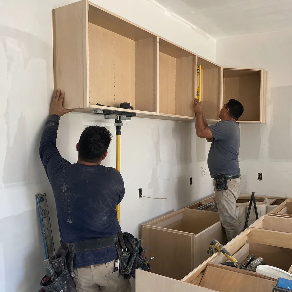 Two professional contractors installing kitchen cabinets during a home renovation.