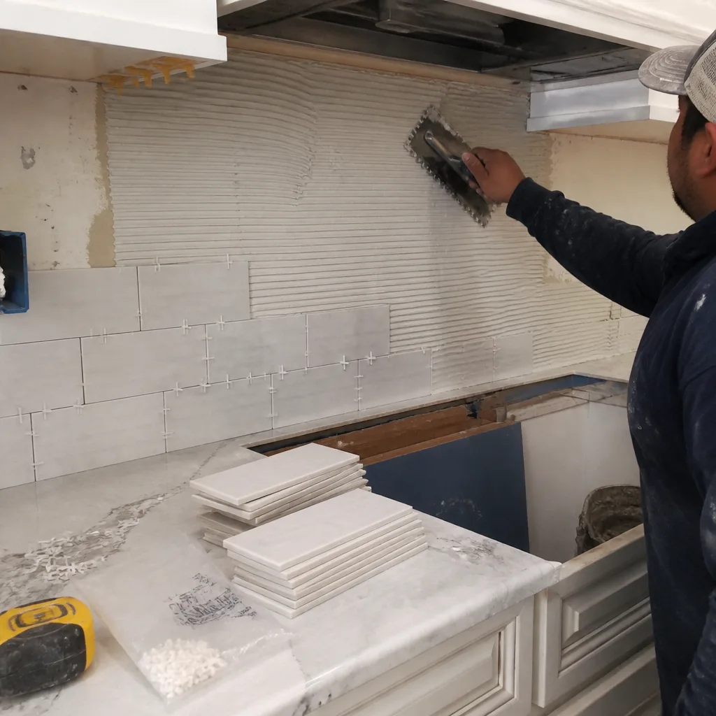 Professional contractor applying mortar to a kitchen backsplash for tile installation